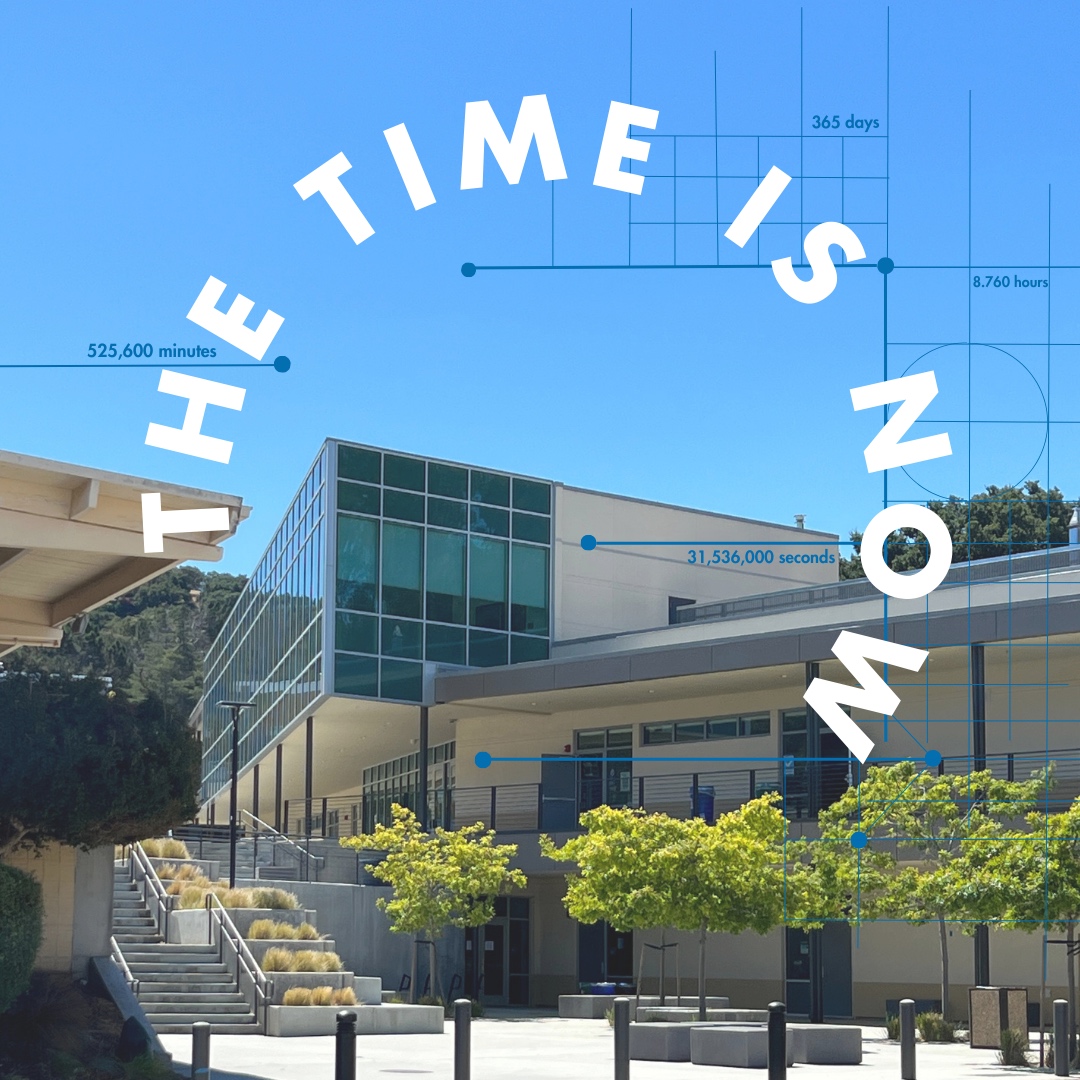 Photo of Carlmont High School with overlay of time is now theme for Carlmont Giving Week
